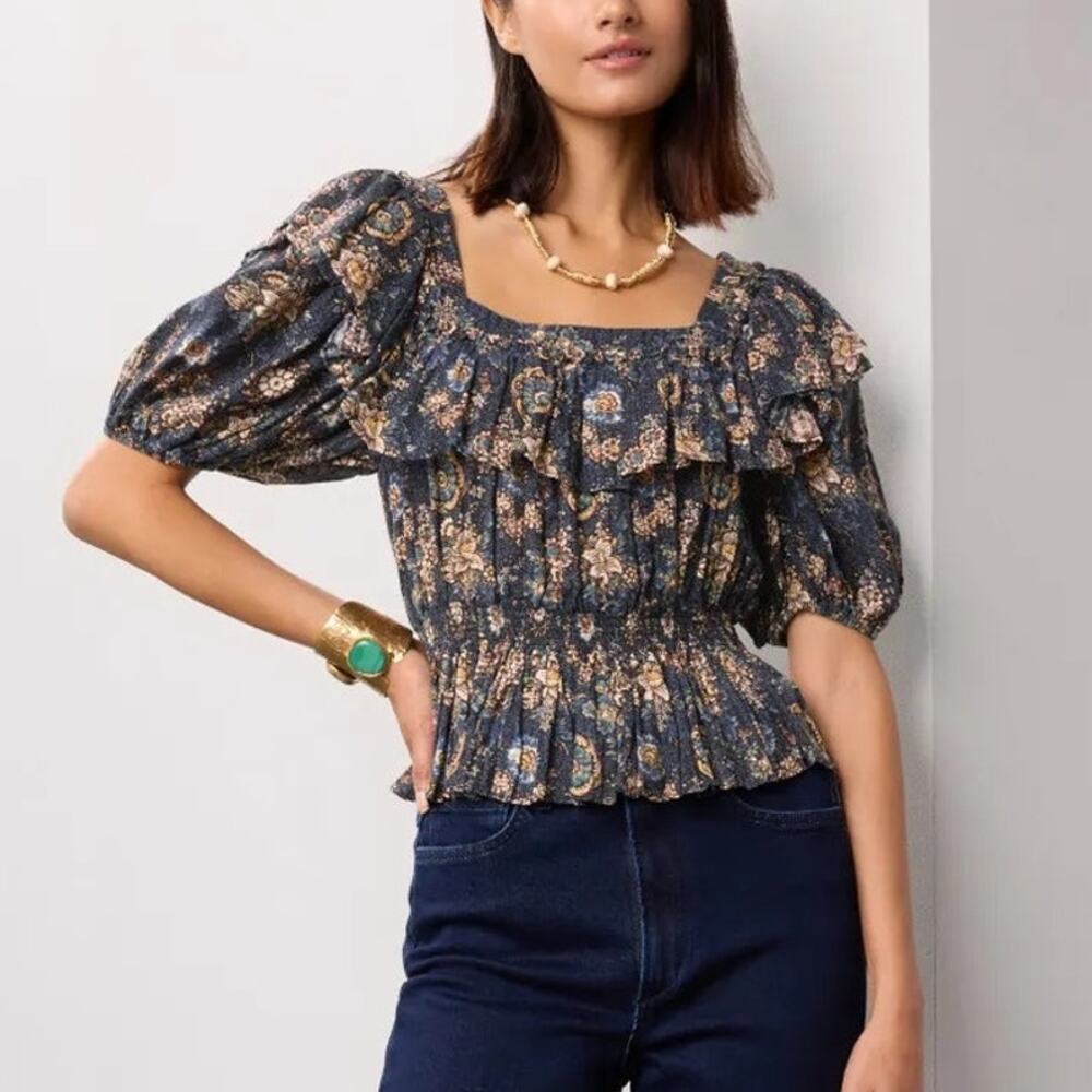 Ulla Johnson Warner Top Floral Puff Sleeve Peplum Babydoll Top Dark Blue 0